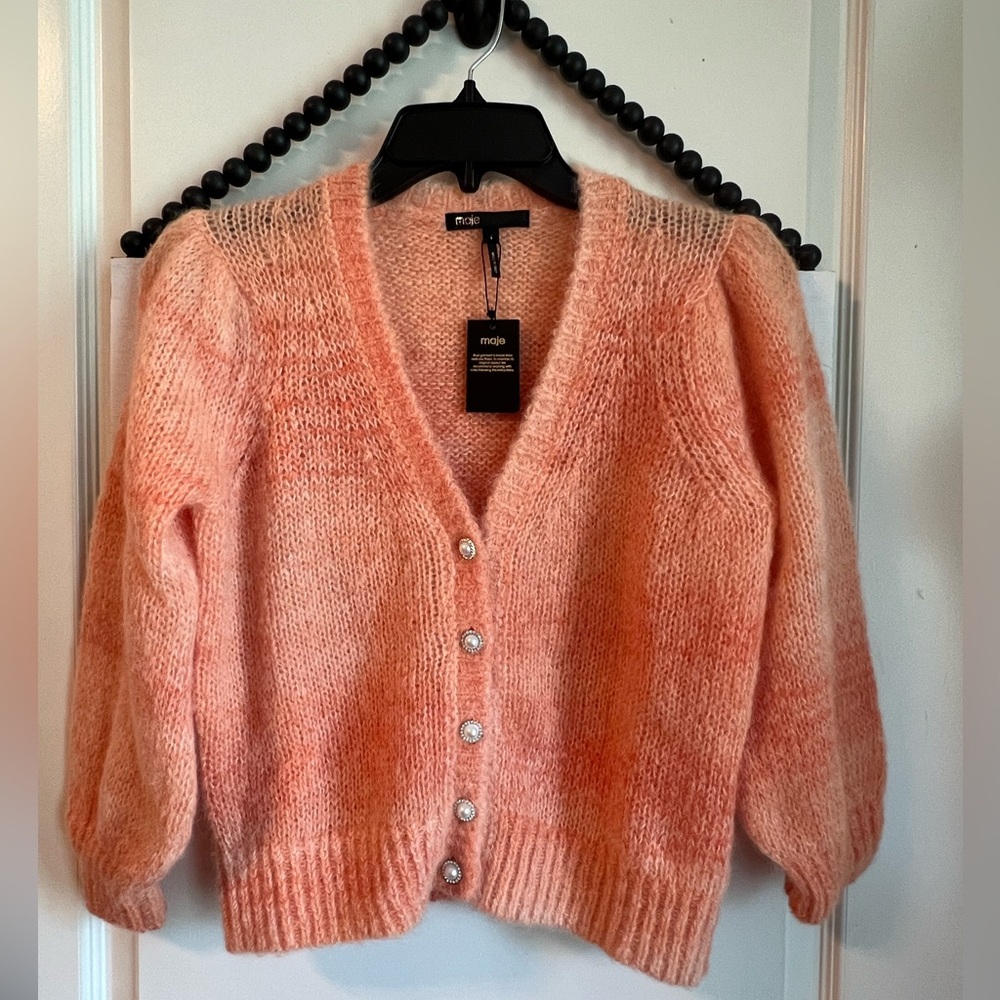 MAJE Printed Mohair Cardigan Sweater Jewel Buttons Orange VNeck 1 Small NWT